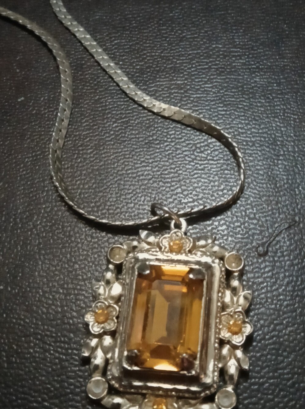 Coro Silver Pendant Necklace with Amber-Cut Citrine Stone & Sterlling Chain